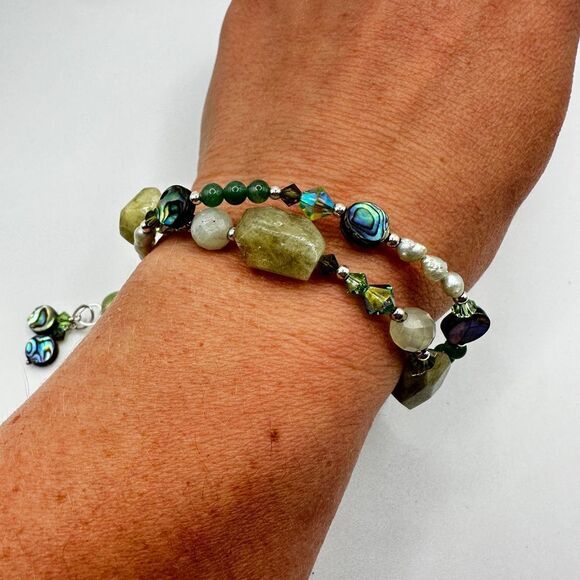 8" Tres Jolie double stranded, Pearl, Stone, abalone shell bracelet in 925! - Picture 6 of 13